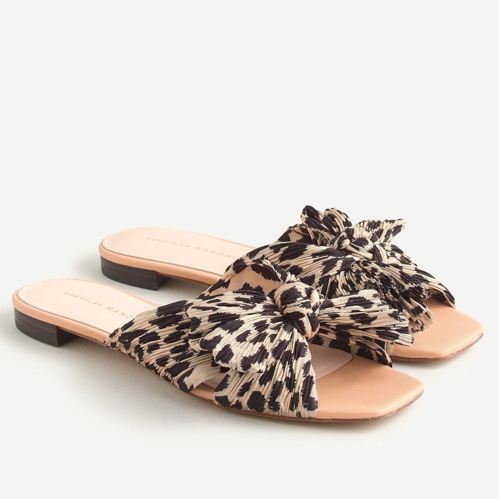 Loeffler Randall Daphne Sandals Leopard Bow Flat Slide Pleated Tan Black Sz 6